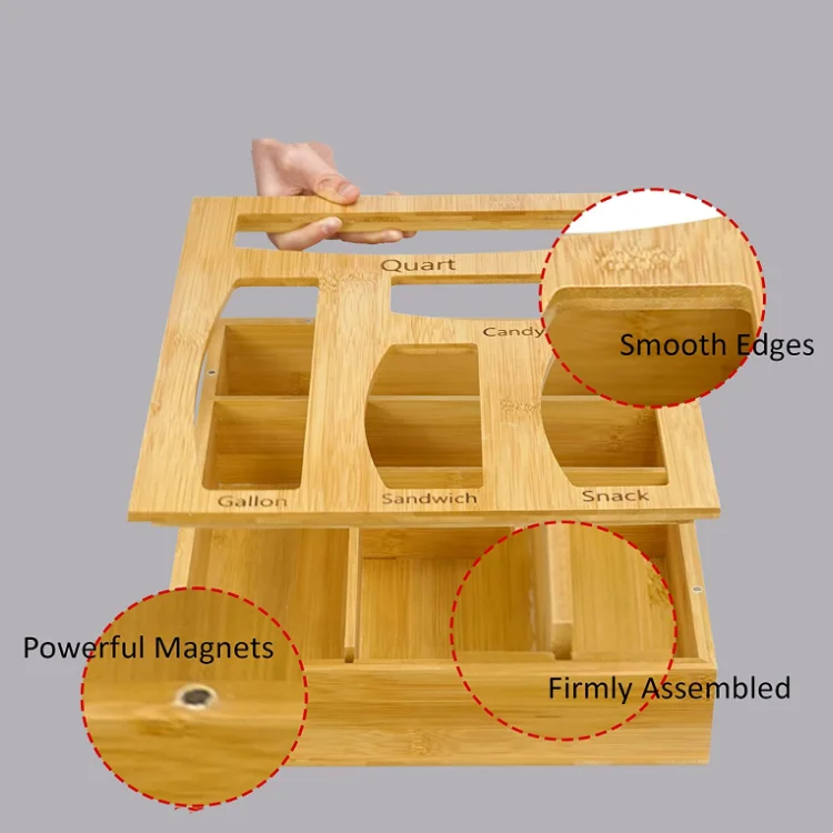 Wholesale open lid wooden baggie box food storage bag holders plastic bag dispenser