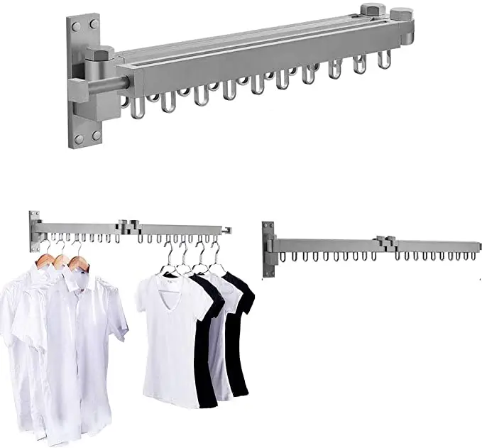 Aluminum Laundry Clothesline Stainless Steel Retractable Cloth Hook Drying Rack Folding Wall Mounted Clothes Hanger Rack
