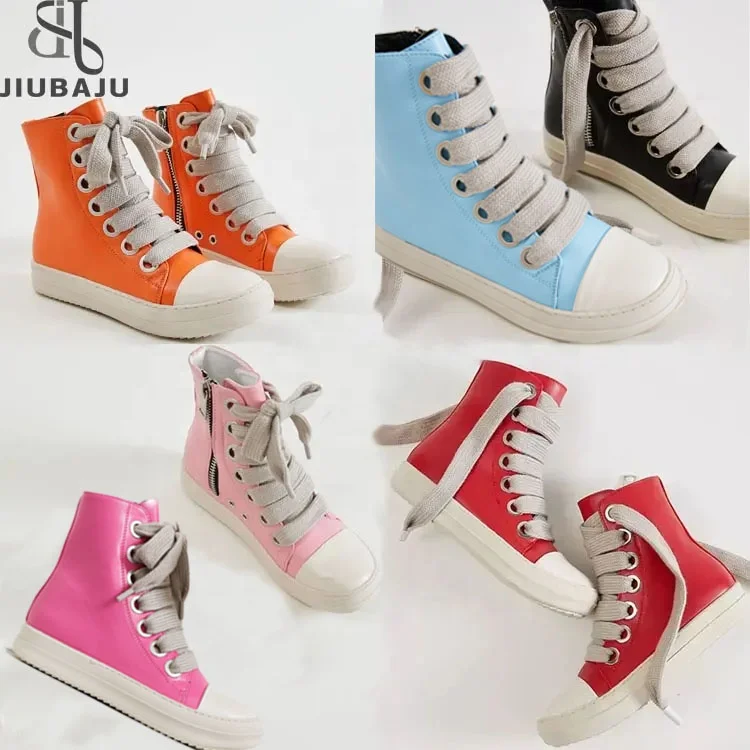 High-TOP Women PU Leather Shoes Luxury Trainers Ankle Lace Up Women Sneakers Zip Hip Hop Streetwear Flats Black Boots