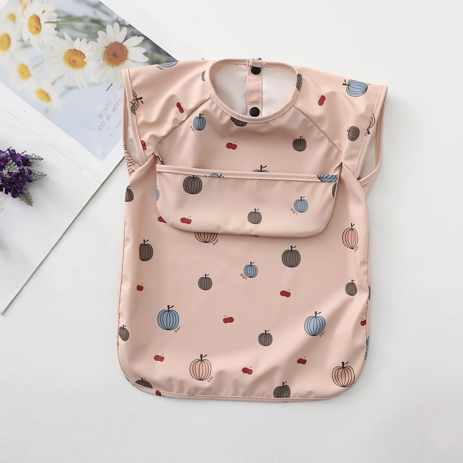 Custom Printed Solid Baby Bib Waterproof Solid Print PU Feeding Bib with Pocket short Sleeve Child Apron Smock