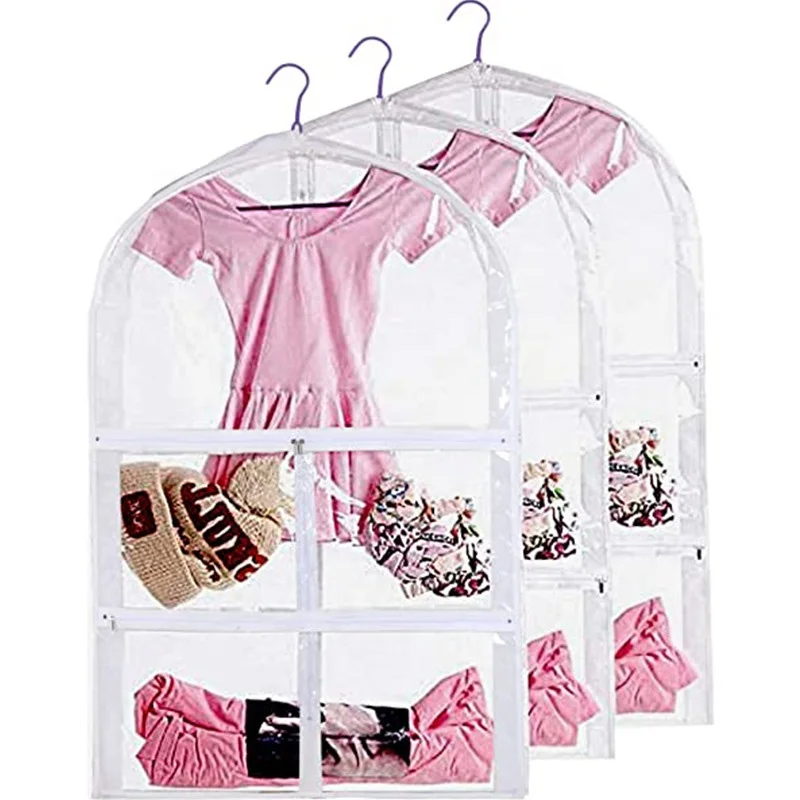 visual Travel Clothes dust Organizer  transparent PVC Waterproof Clear dance skirt costume bag for Dancers with 6 Zipper Pockets