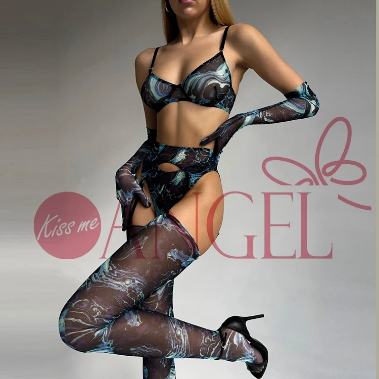 KISS ME ANGEL the best fashion tie-dye mesh perspective deep V neck witn stockings and gloves sexy bra and panty set