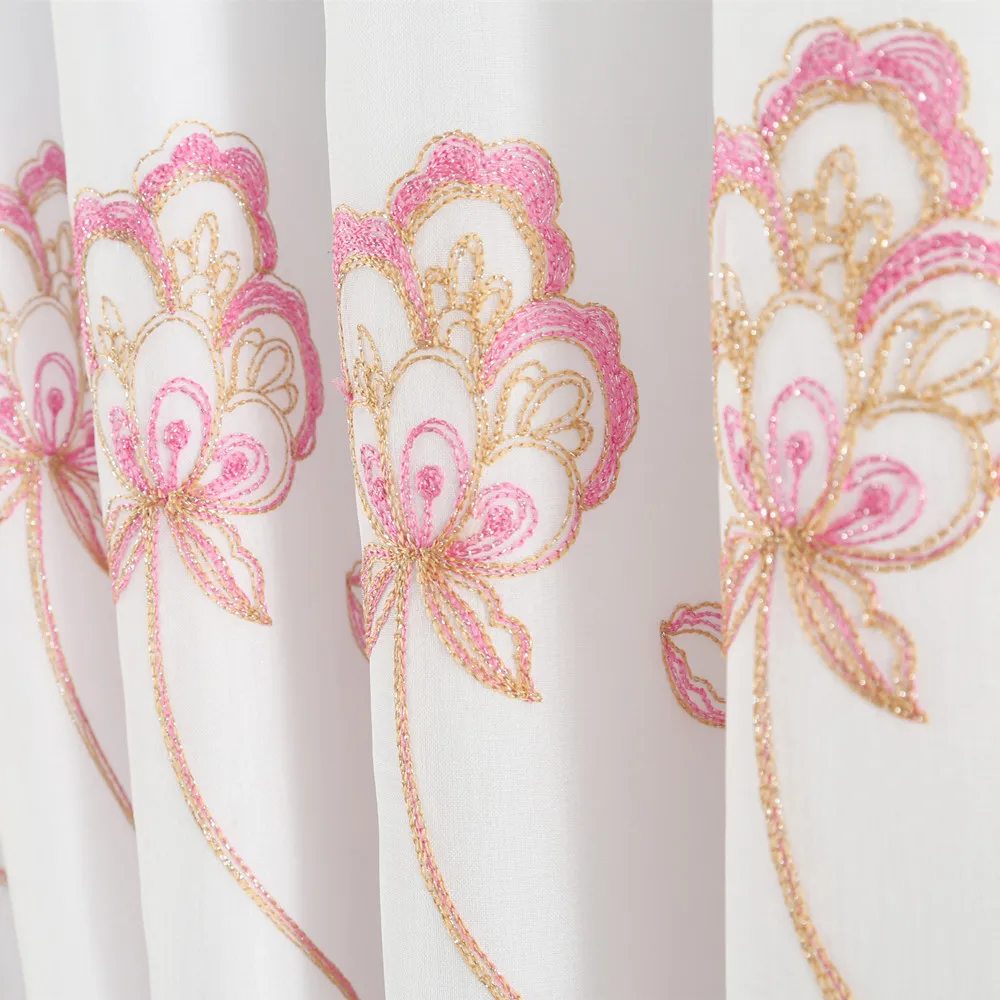 Double layer luxury rod pocket curtains valance attached pink&gold shiny embroidered thread peacock crown design for  bedroom