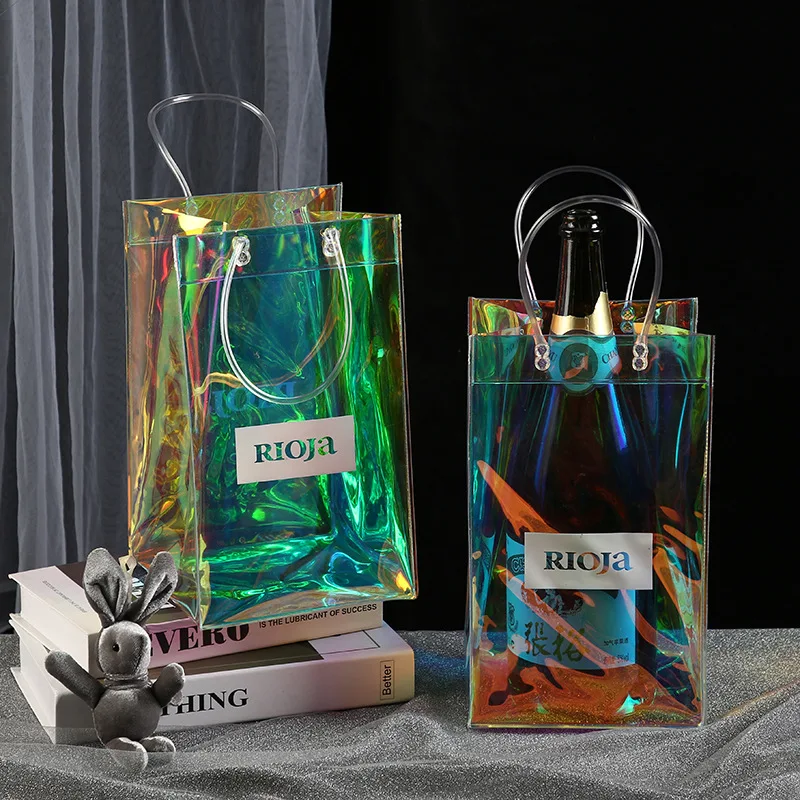 Custom cold resistant leakproof transparent plastic clear ice cool bag for 1 bottle  Holographic Folding PVC wine champagne Bag
