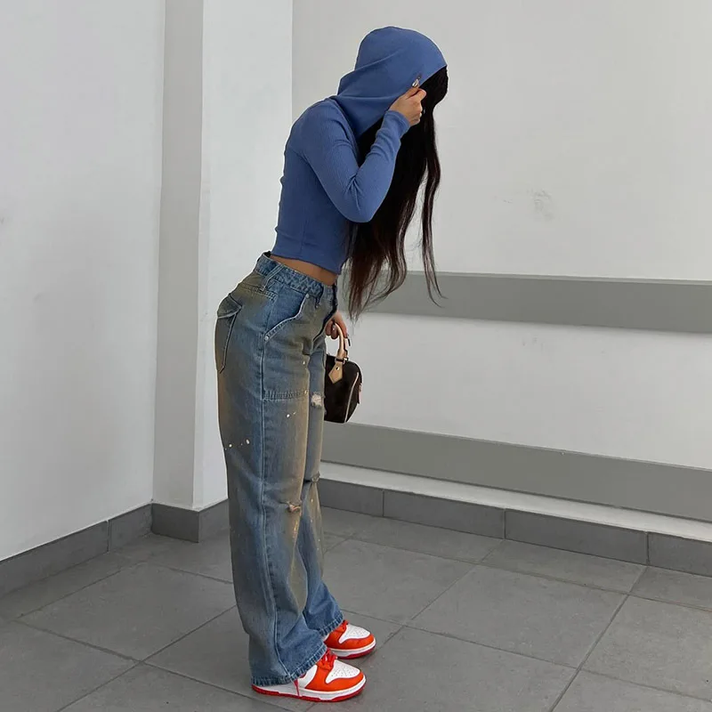 2024 DG Clothing Street Ripped High Waist Distressed Jeans Women Cotton Splash Ink Straight Denim Jeans