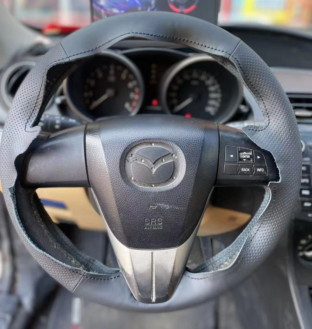 Genuine leather grey car hand sewing steering wheel cover specially made for Mazda