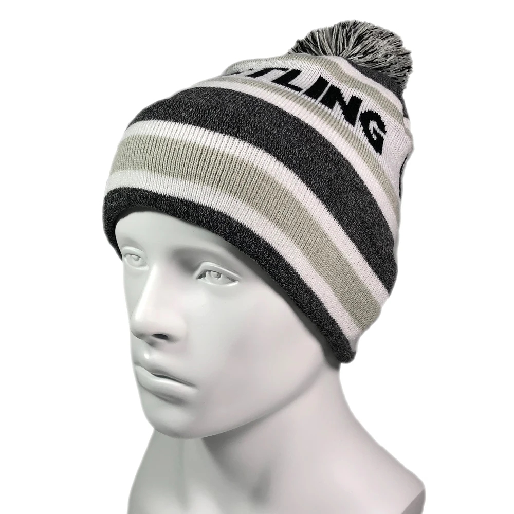 ODM grey stripped jacquard pom pom beanies for men Popular ruby teams knitted touques Custom Adults sporty basketball beanies