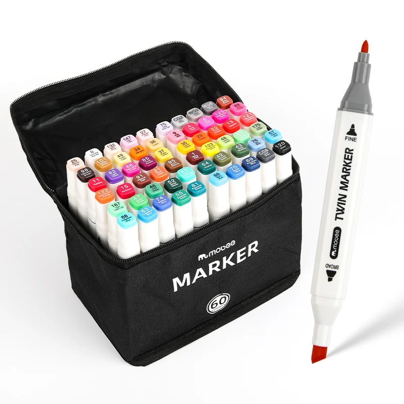 Mobee P-1650-60 high quality Graphic Art Sketch Alcohol Based 60Colors Dual Tip Twin Marker Pen Set for art drawing