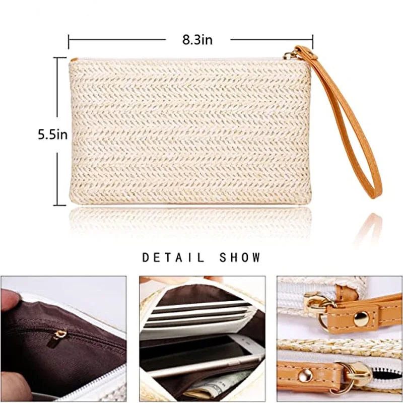 Womens Straw Clutch Bag Summer Beach Straw Purse Zipper Wristlet Wallets for Women