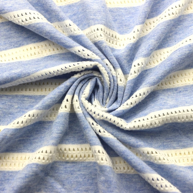Stripe Grey Hole Single Jersey Mesh Fabric Knit Weft Jacquard Dobby Yarn Dyed Stripe Grey Hole Single Jersey Fabric for Garment