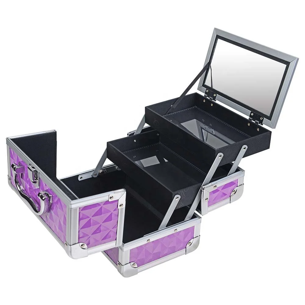 Purple Makeup Cosmetic with mirror Storage Drawers Beauty make up aluminum case