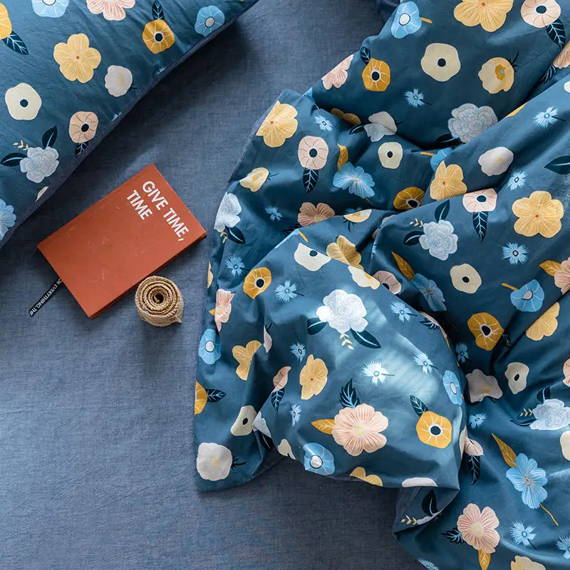 blue flowers plain printed duvet cover sets bed sheet washed bedding set