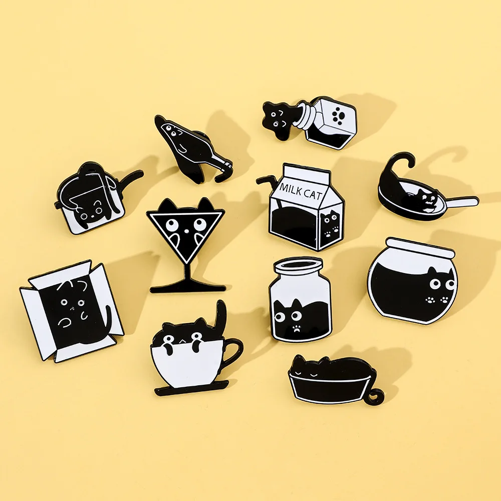 Wholesale Cute Cartoon Creative Personality Small Black Cat Brooch Liquid Ink Cat Alloy Bag Accessories