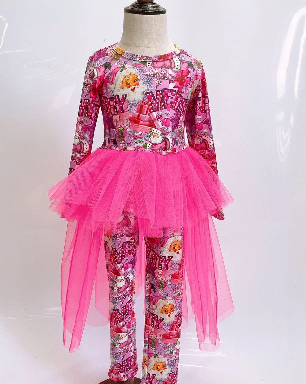 Factory High Quality Cute Christmas Print Long Sleeve Girls Clothing Tutu Set Toddler Baby Girls Christmas Outfit