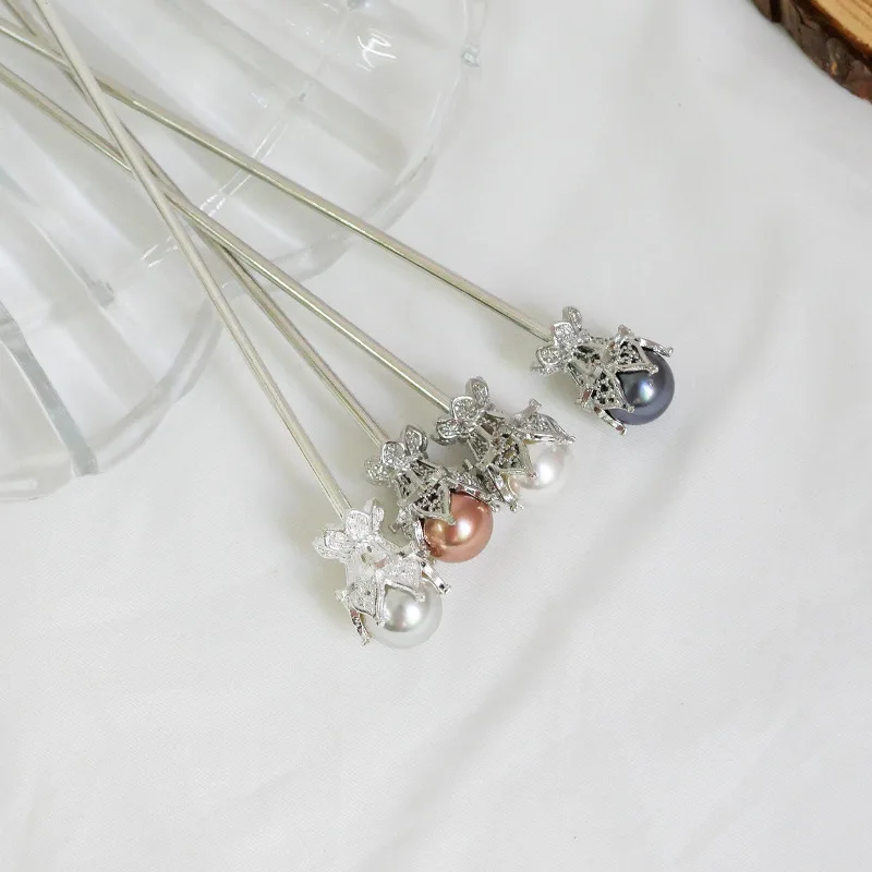 One-word hairpin Noble pearl hair fork plain hairpin modern ancient style hairpin headwear daily ball head dish hair ornaments