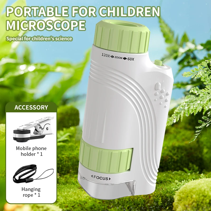 Handheld Pocket Microscope Toy for Kids 50-300X Zoom LED Lights Mini Biological Microscope Outdoor Science Made Durable Plastic
