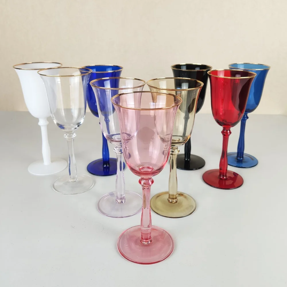 Cyan color slanted soda lime wine glass crystal hand cut goblets