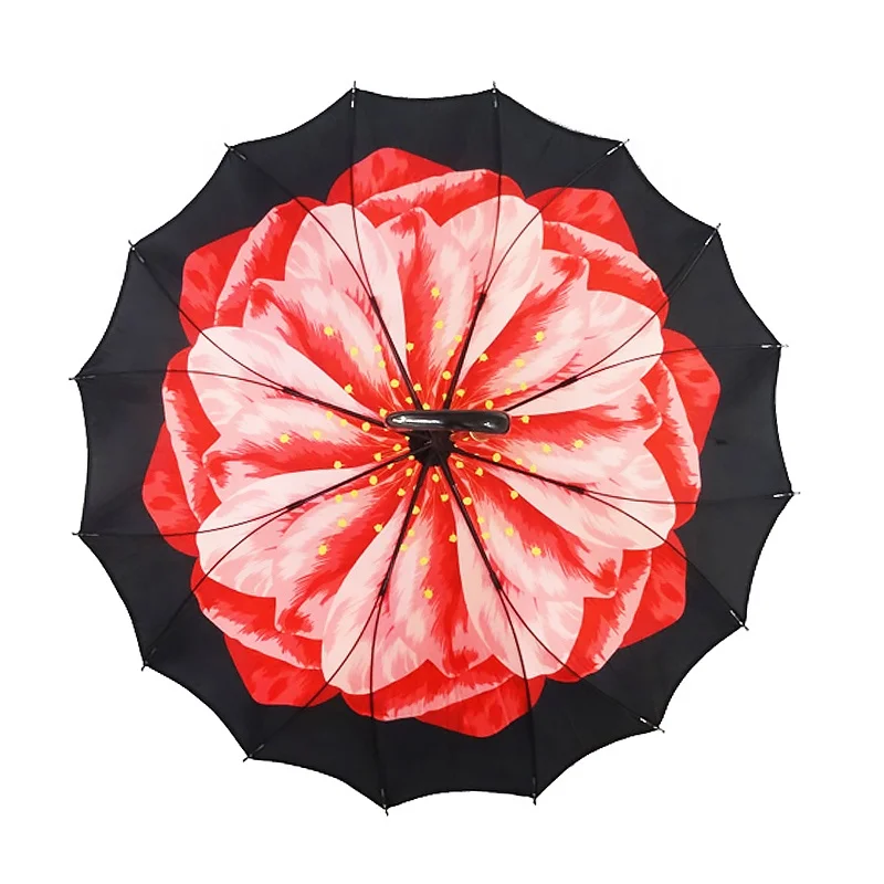 Multi Colors 16K Rib Curved Handle Ladies Girl Women Walking Decorative Rainbow Straight Golf Umbrella with Digital Flower Print