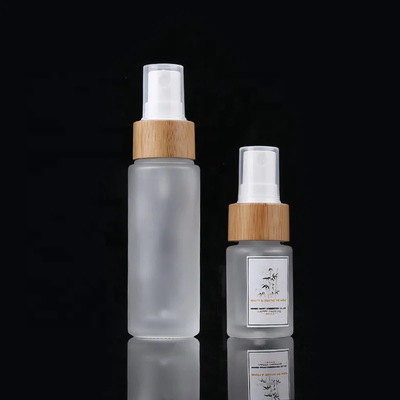 100ml Natural 100% Perfume Frosted Glass Oil Pump Bottle Glass Lotion Pump Bottle Bamboo Spray Bottle For Makeup Packaging