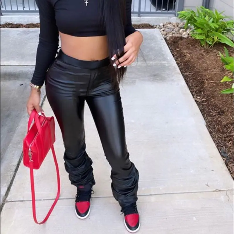 Women Mid Waist Black Leather Pants For Women Casual Pu Leather Flared Stacked Pants
