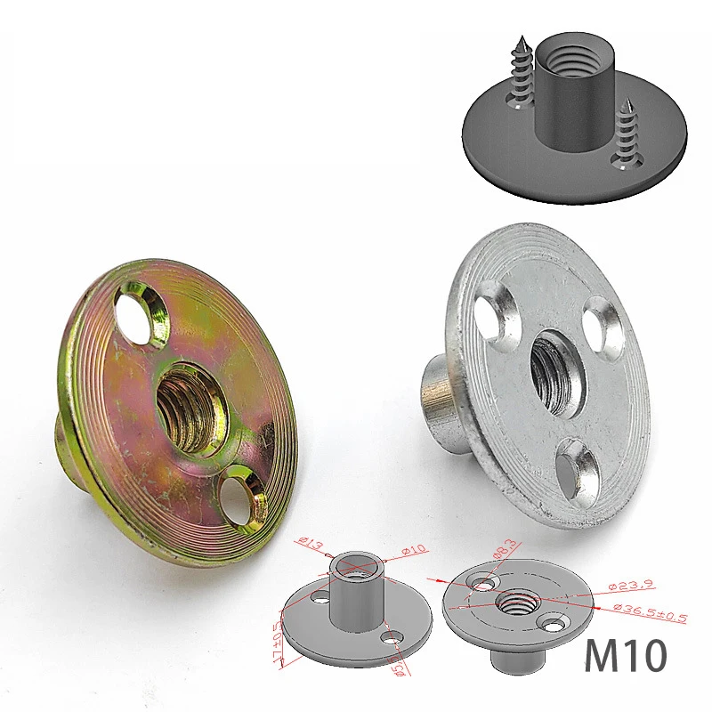 Climbing iron carbon steel M10 round base 2 brad hole tee t nut with dimple