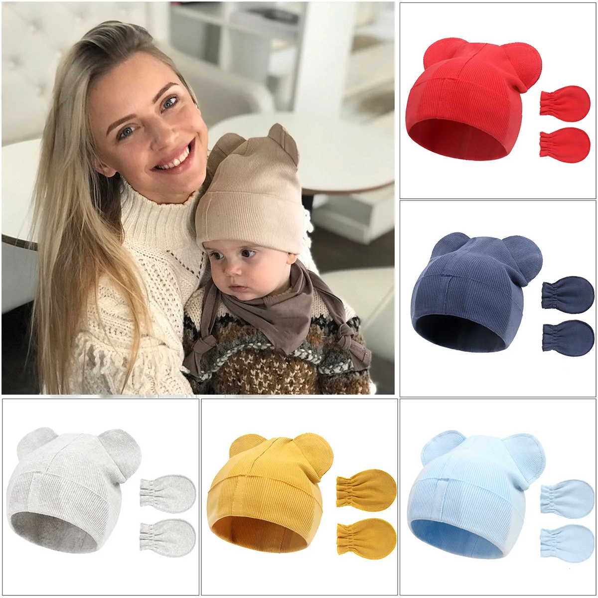 Newborn baby ribbed cotton glove hat set bear shaped infant hats for boys