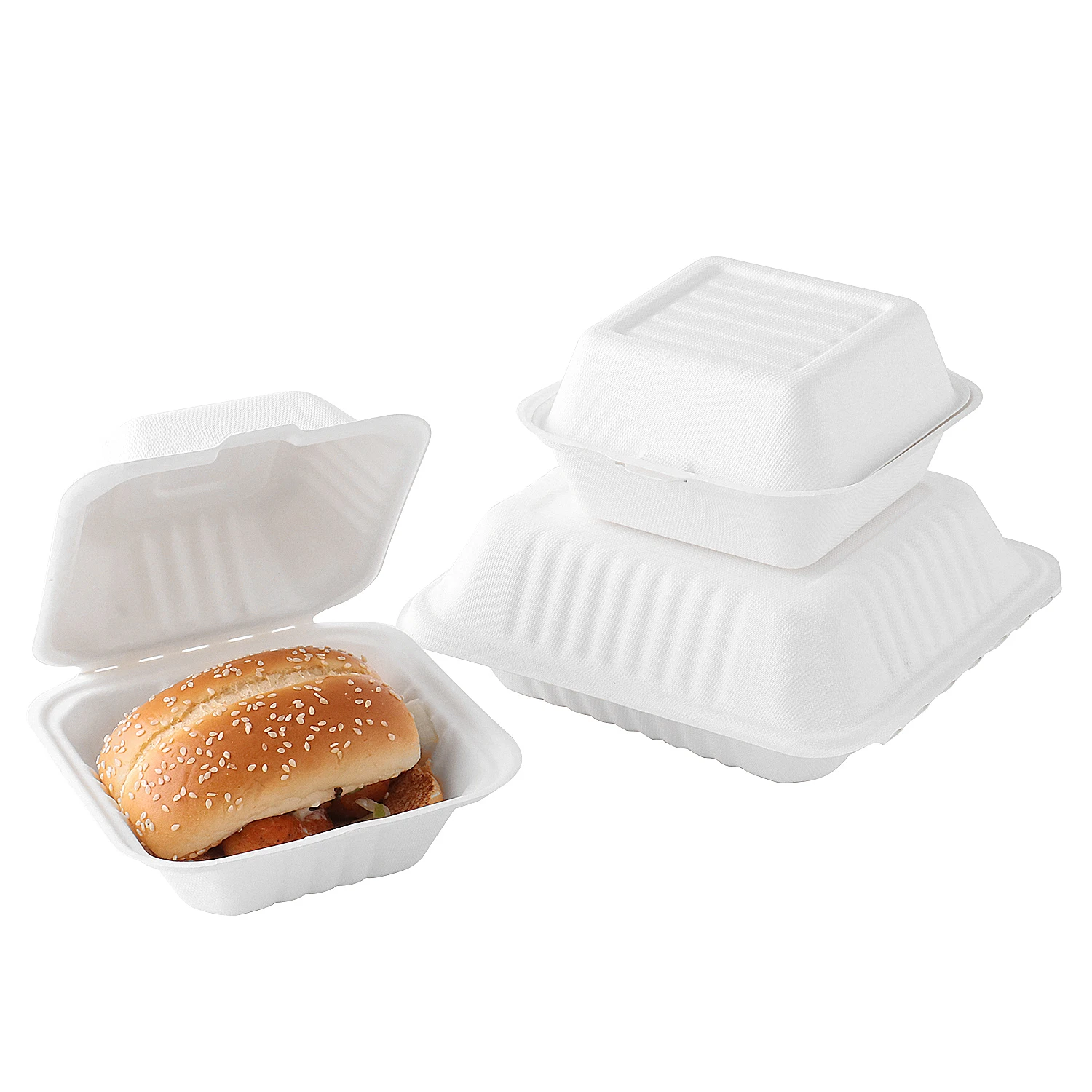 Eco friendly compostable fast food paper packaging disposable biodegradable take away bagasse clamshell burger box
