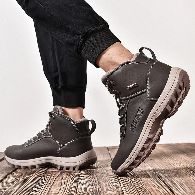 Winter Anti-Slip Leather Warm Snow Hiking Boots Water Resistant Shoes Fur Lined for Mens