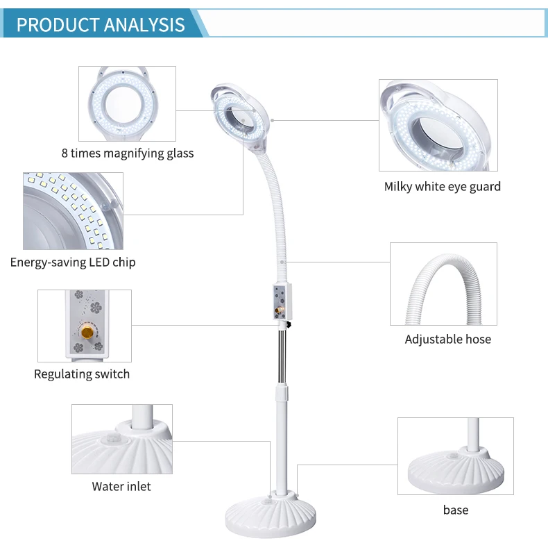 Chinese professional New Product OEM Standing Illuminated Magnifier Lamp LED Magnifier Power Supply Clamp LED for salon spa
