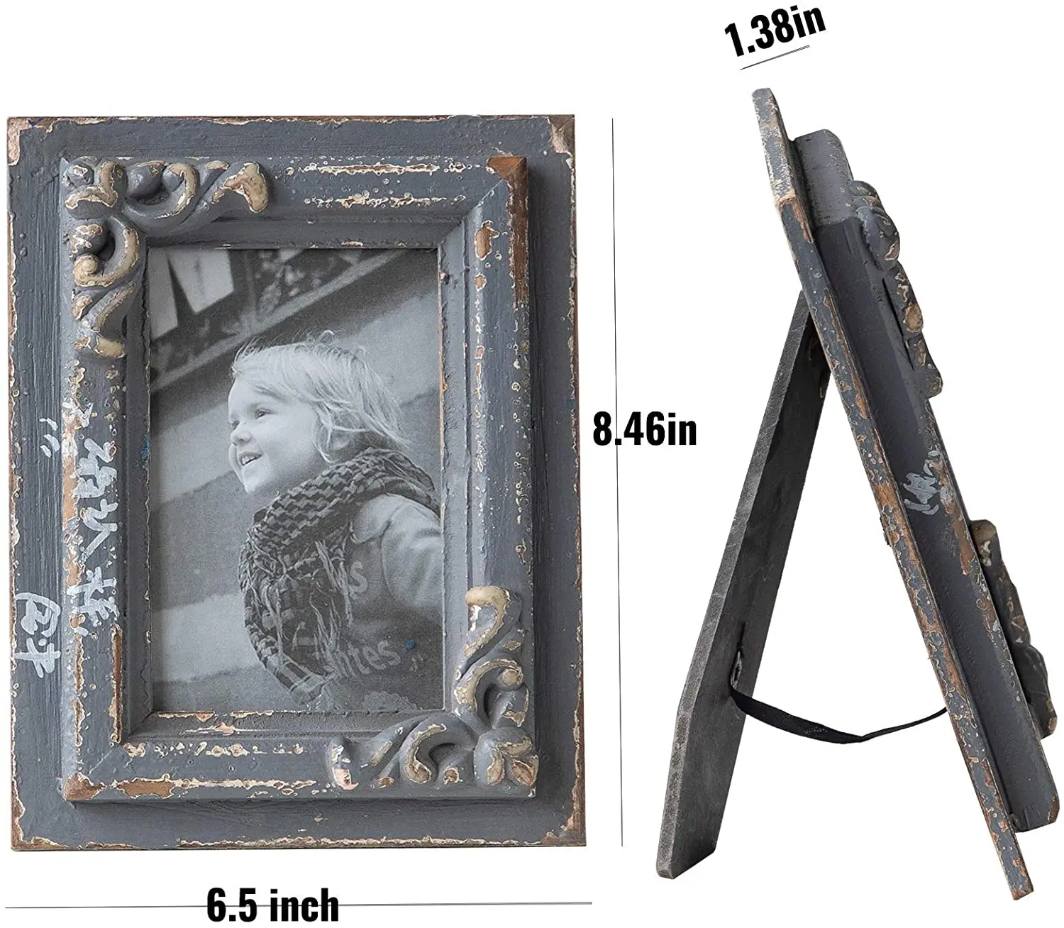 Hot Sale Rustic Handmade Wood Carved Shabby Chic Photo Frame 6 Inch Distressed Grey Wooden Picture Frames