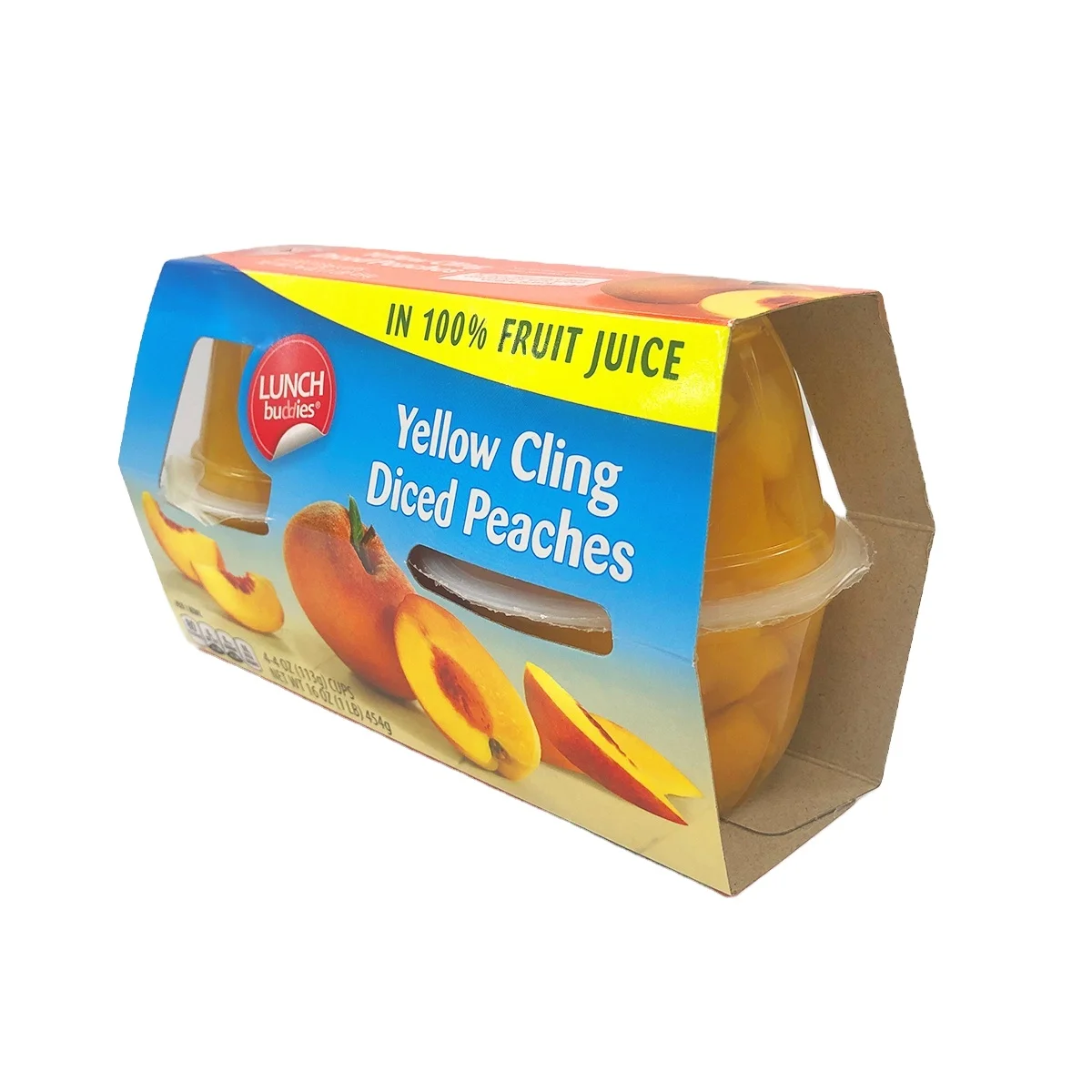 Canned peach diced in cup in fruit juice