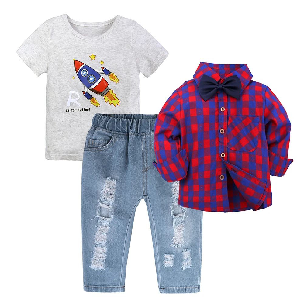 Wholesale baju anak 3 pcs boutique check shirt boy  kids clothing set