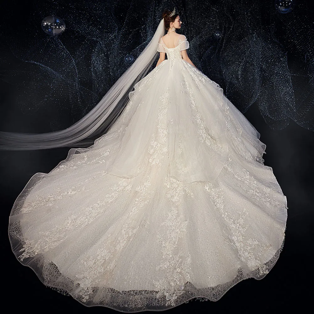Pearls Sequins Lace Appliques Flowers Luxury Ball Gown Wedding Dress Vestido De Boda V-neck Short Sleeve Shiny Bridal