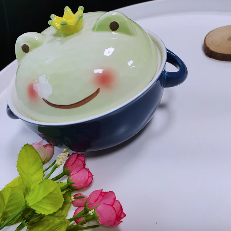 Creative Porcelain Frog Prince Ramen Noodle Bowl Soup Bowls With Cover And Handle Gift Set