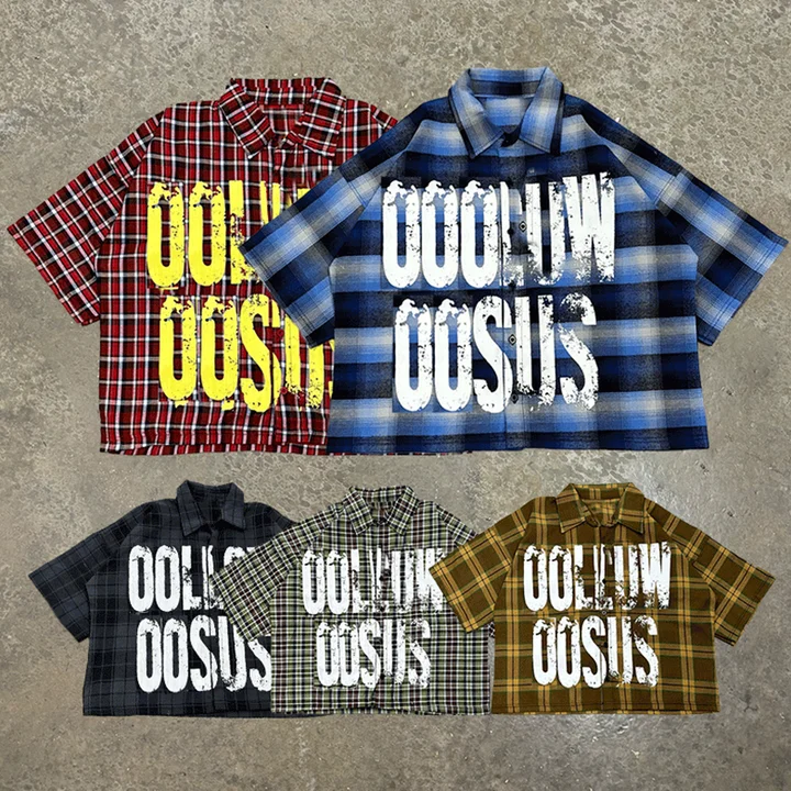 Salati Custom Designer Print Logo Cropped Vintage Shorts Sleeve Button Down Up T-shirts Check Tshirts Plaid Flannel Shirts Men