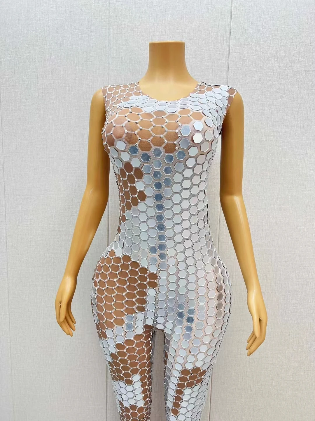 Shiny Sleeveless Glitter Sequin One Piece Bodysuit Slim Fit Rompers Pole Dance Leotard Plus Size Women Party Rhinestone Jumpsuit