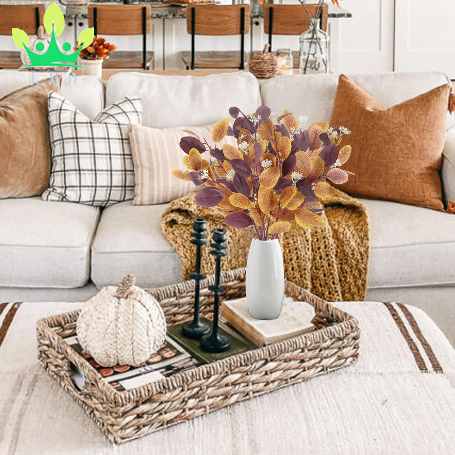 Artificial Eucalyptus Leaves Orange Red Fall Foliage Stems Silk Silver Dollar Autumn Plant for Home Fireplace Wedding Farmhouse