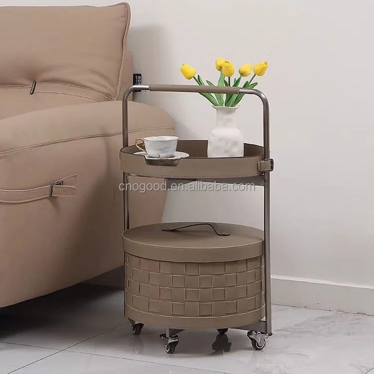 Italian Style Rolling Storage Cart Stainless Steel Saddle Leather Bedside Table Modern Luxury Can Move The Sofa Side Table