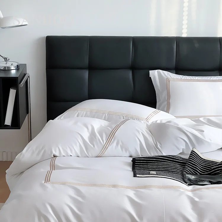 SANHOO Hotel Bedsheet White Embroidery 400 TC Percale Queen King Hotel Linen Bedding Set