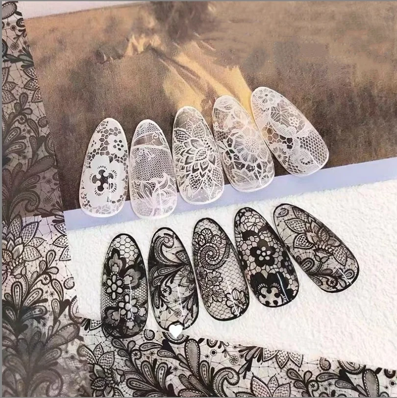 Hot sale nail art lace transfer foil nail lace stickers nail black and white lace foil 4*100cm
