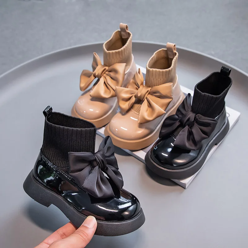 Classic sweet solid color cozy warm PU anti-slip bow princess boots trendy girl sock boots in autumn and winter