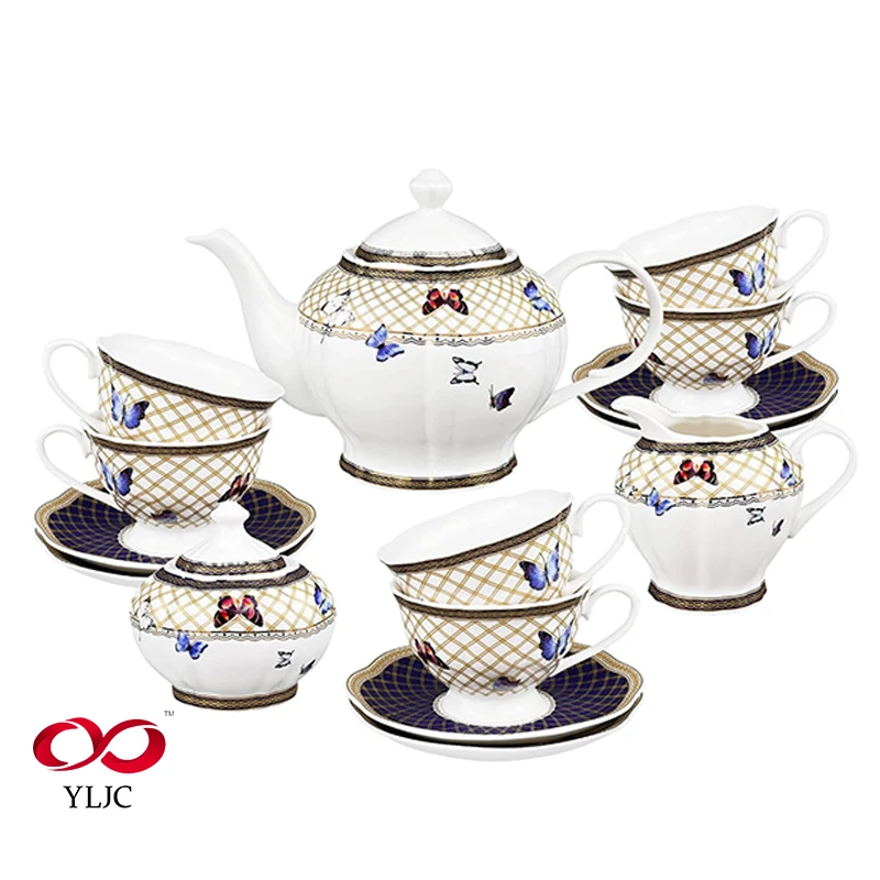 17 Pieces European Luxury High Class Gold Rim Porcelain Royal Afternoon Tea Coffee Ceramic Bone China Cups Saucer Set