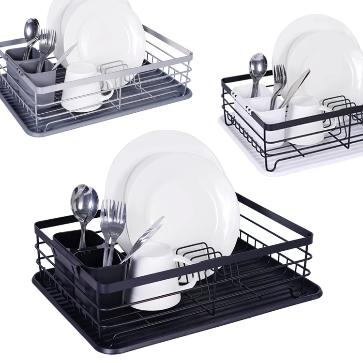 Black Retangular Kitchen Plate Drainer Dish Drying Wire Rack with Removable Plastic Cutlery Holder & Tray