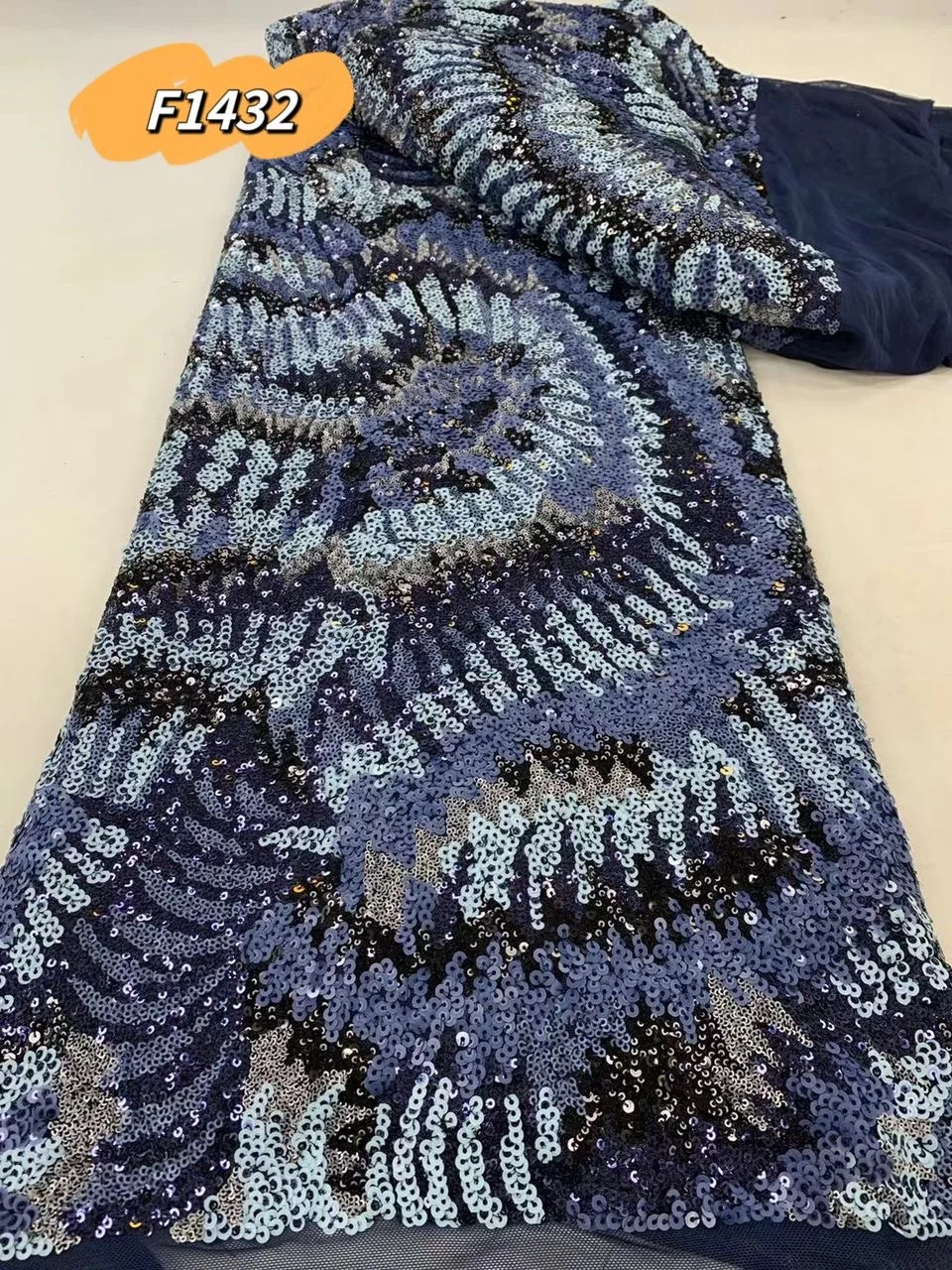 Luxury sequins lace 2024 handmade blue embroidered sequence and beads african bridal heavy hand beaded pearls embroidery fabric