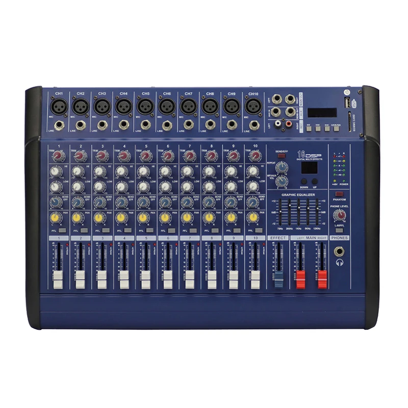High Quality 10 channel power audio mixer usb bt audio mixer console 250W Mixer Amplifier for stage