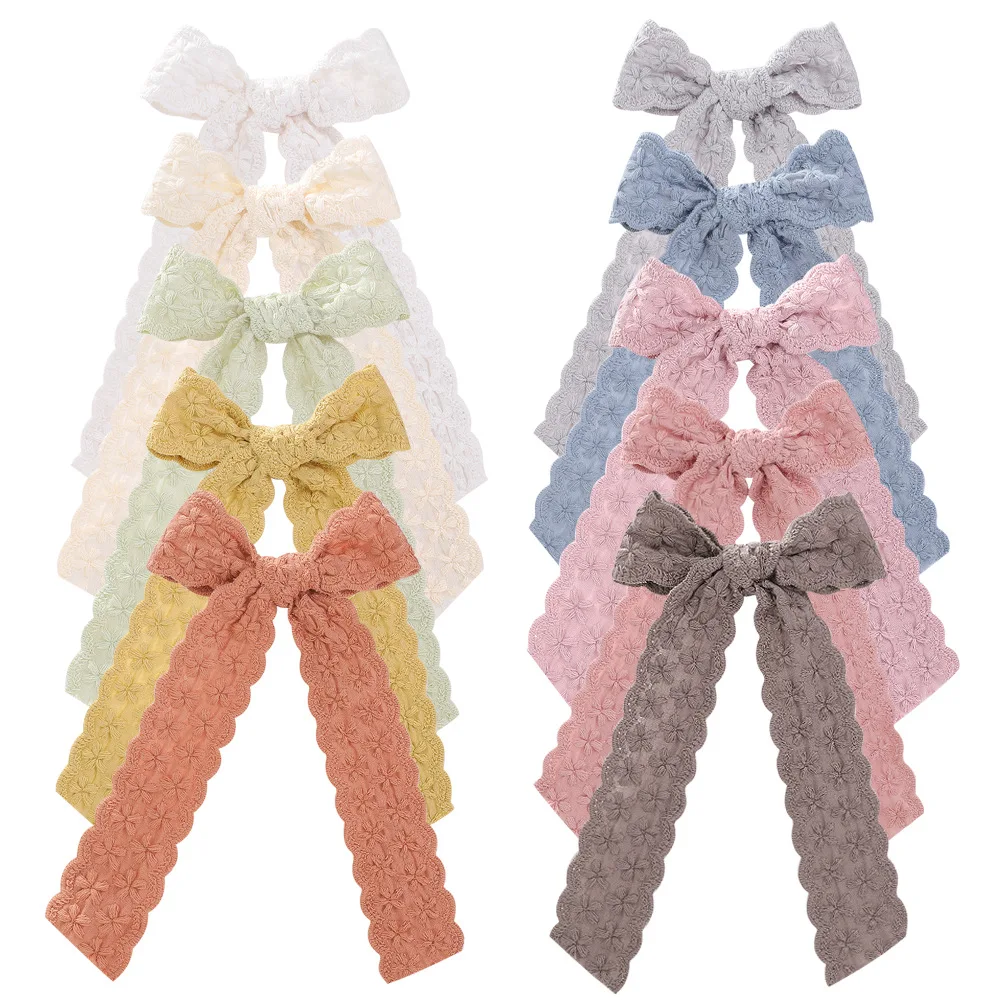 MIO hair clip girls ribbon hair bows blue ribbon bows flower pattern embroidered kids hair clip bow with long tassel