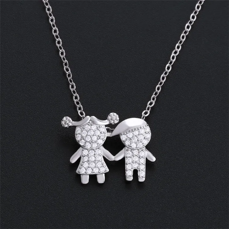 Best Friend Gift New Design Copper Cute Boy Girl Necklaces Women Hand In Hand Children Zircon Necklace Family Jewelry