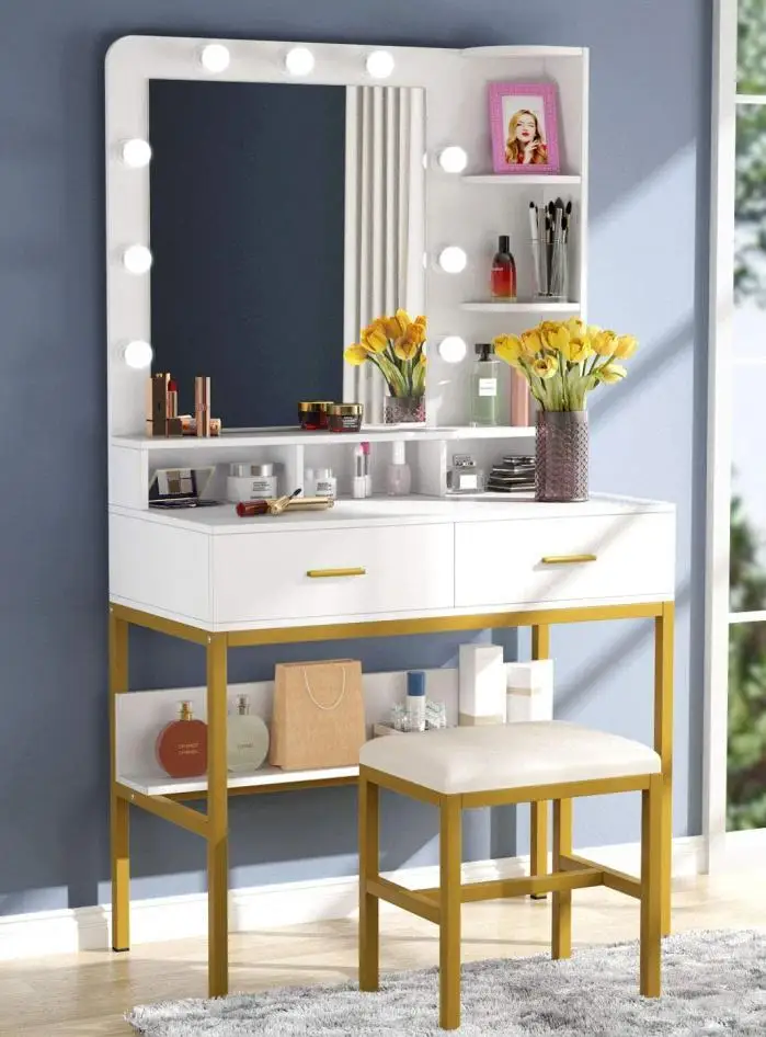White Double Drawer Multi-Compartment Space With Square Mirror and Stool Dressing Table