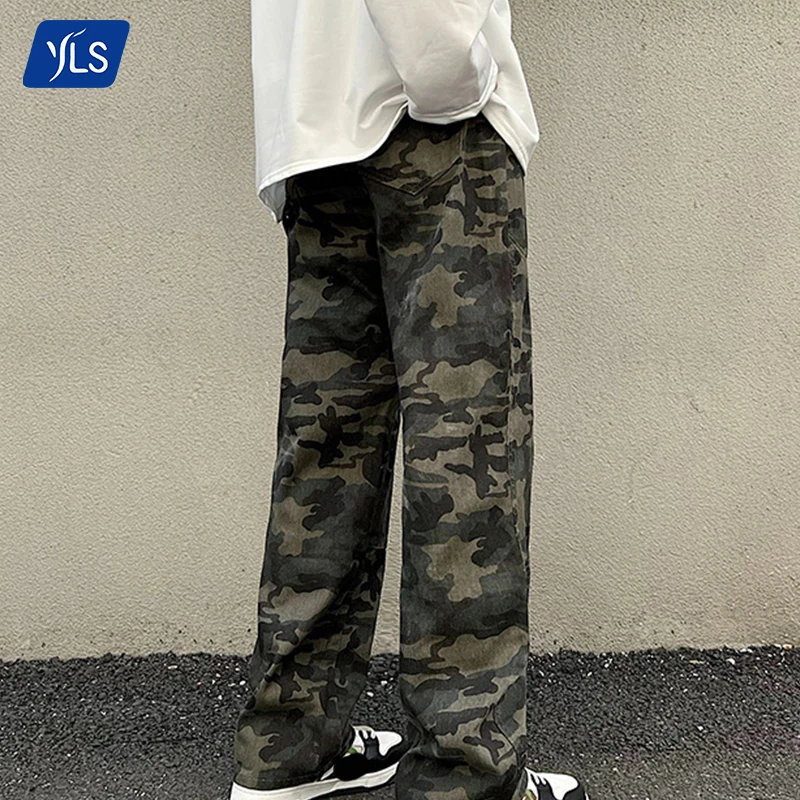 YLS Men Custom High Streetwear Camouflage Pants Oversized Camo Twill Denim Cargo Pants