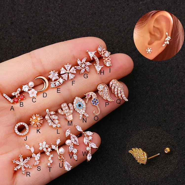 Ear Piercing Stainless Steel Zircon Rose Blue Eye Screw Earrings Flower Ear Bone Nails Ear Piercing Jewelry